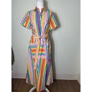 Cristopher John Rogers Multicolored Stripe Short Sleeve Button Up Maxi Dress S 2